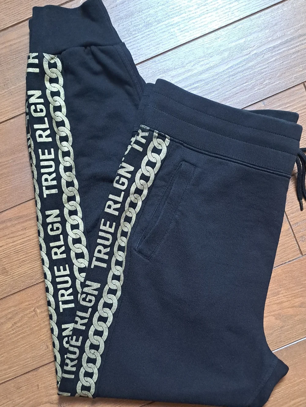 True Religion Gold Chain Link Side Stripe Joggers Black Mens Large Sweatpants